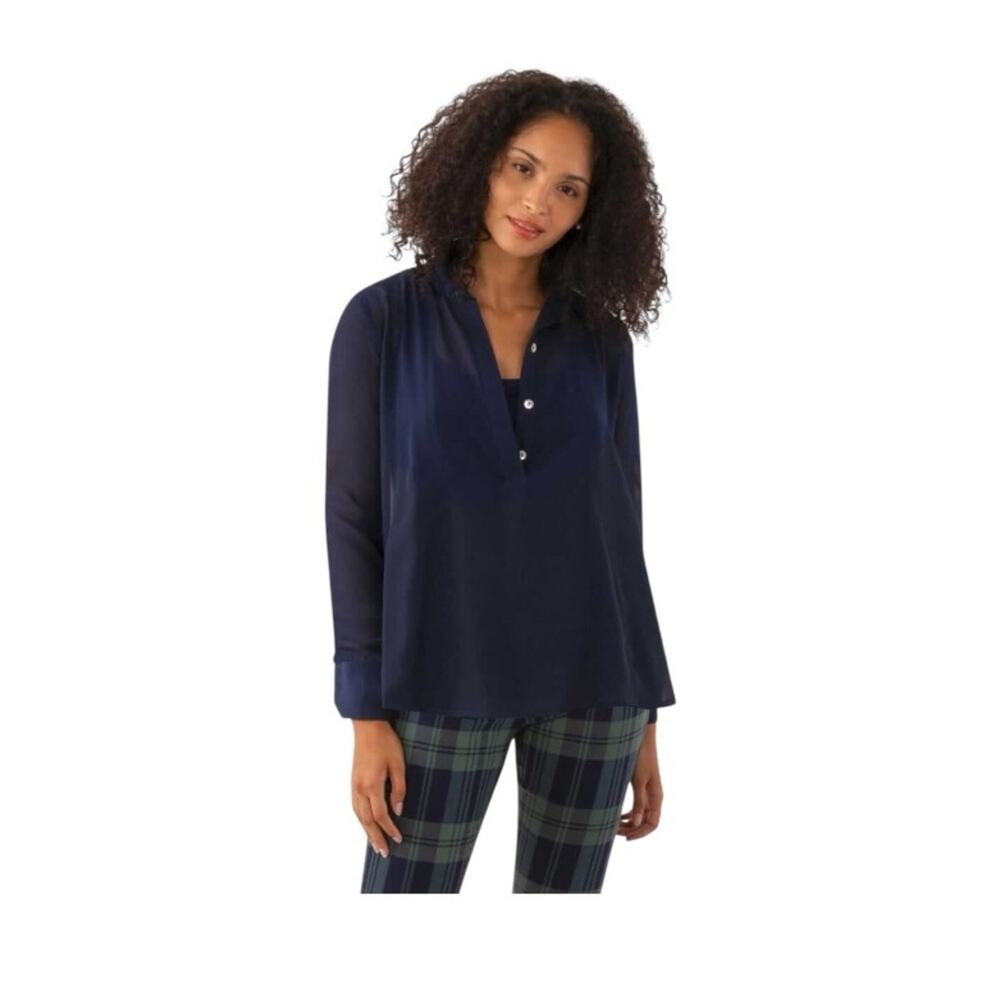 Gretchen Scott Designs Chiffon Seamed Top Sheer Button Down Blouse Navy Blue M